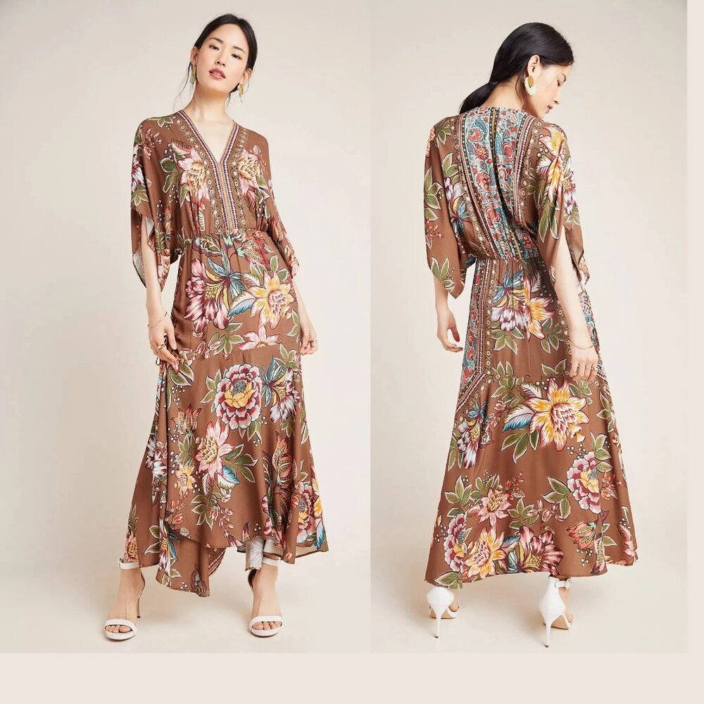 Farm Rio Valentina Maxi Dress Floral Brown V-Neck Multi Size XS - Picture 2 of 16